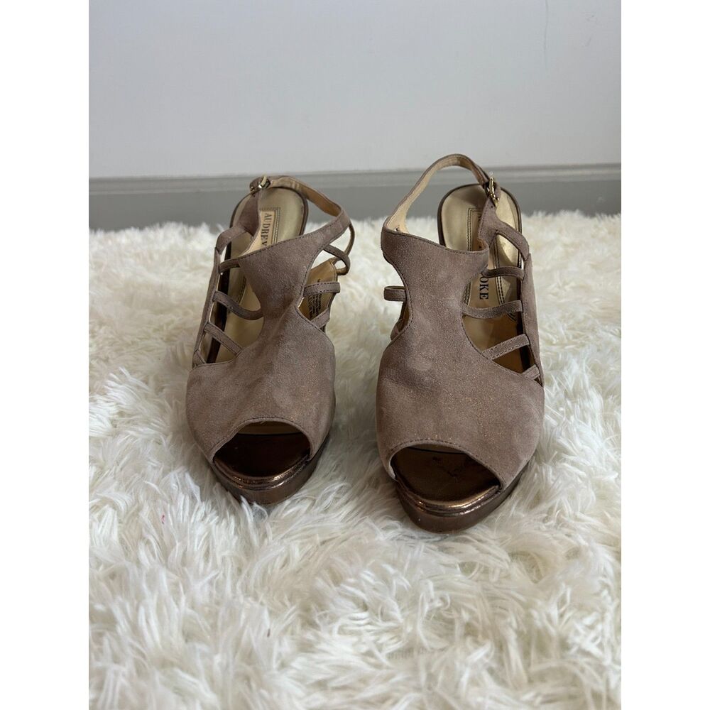 Audrey Brooke Size 8 Clever Taupe Shimmer Suede Platform Slingback Heels